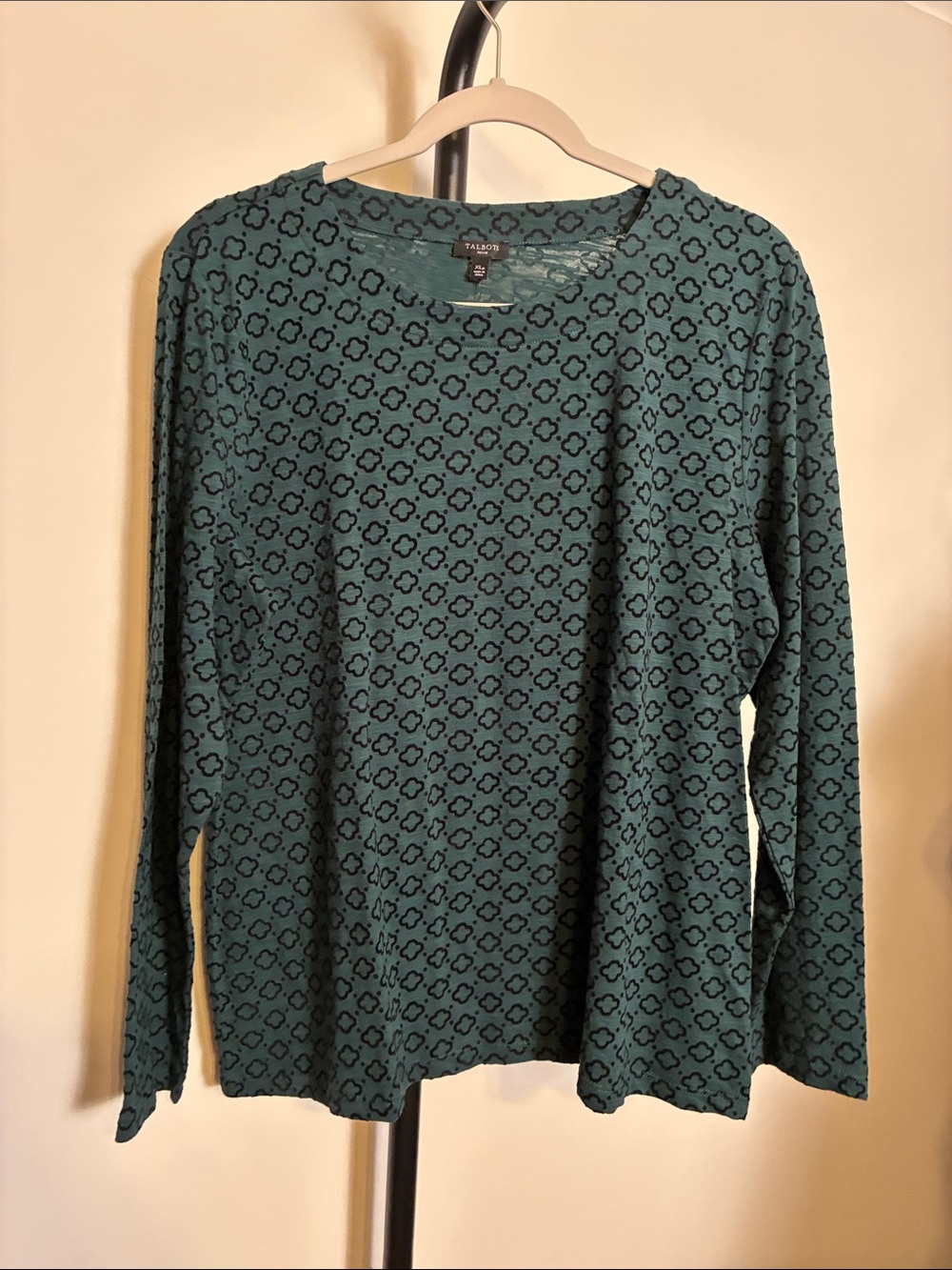 New! Talbots Green Flocked Velvet Black Geometric-Print Long Sleeve Top XLp NWT